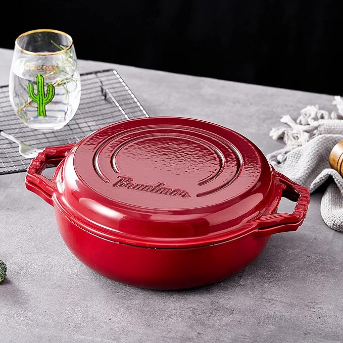 Bruntmor 2-in-1 Pre-Seasoned Cast Iron Pan |Cocotte Double Braiser Pan with Grill Lid 3.3 Quarts - Barbecue Grill Non Stick Frying Pan - Nonstick Cookware Set with Wide Handle (Red)
