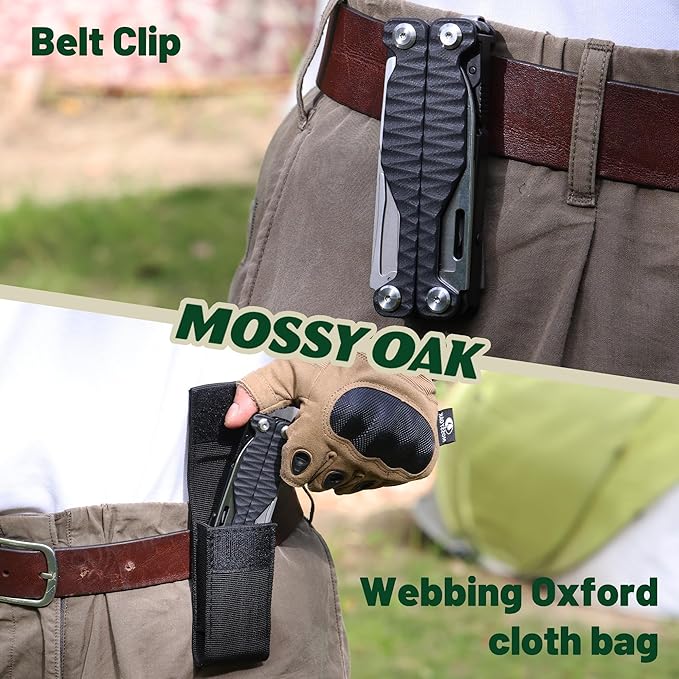 MOSSY OAK Multitool, 17-in-1 EDC Multi Tool with CNC-Machined Steel Pliers, G10 Anti-Slip Handle, Nylon Sheath & Belt Clip – Durable MultiTool for Camping, Hiking, Hunting, Survival, and Everyday Use