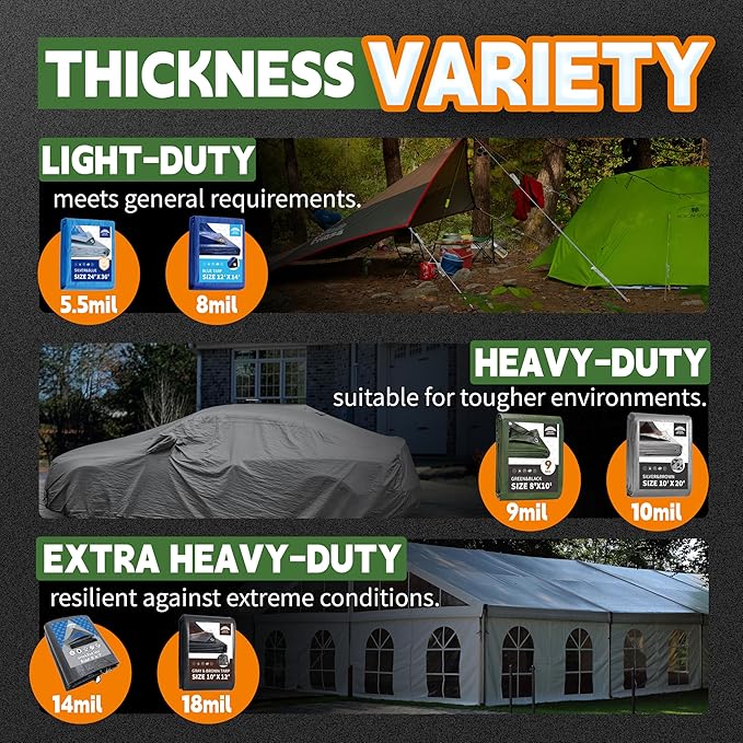 RAINDEWAY Tarps 16x20 Feet,Tarp Waterproof,9Mil Thick,Finished Size,Multipurpose Poly Tarp Cover with Metal Grommets and Reinforced Edges,Green/Black Tarpaulin