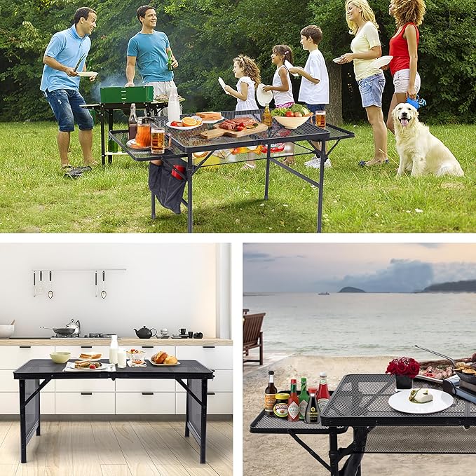 CDEN Camping Grill Table, Camping Table, Portable Table, with Side Table, Mesh Bag, for Camping, Outdoor, Picnic, Indoor
