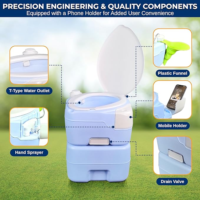 SereneLife 5.2 Gallon Portable Camping Toilet, 120 Flushes with Plastic Funnel, Hand Spray, Diagonal Seat and Mobile Holder, Portable Potty for Camping, Hiking, Roadtrip, Car, Tent