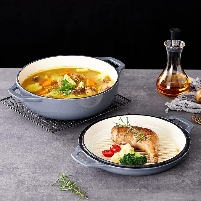 2-in-1 Enameled Cast Iron Cocotte Double Braiser Pan with Grill Lid 3.3 Quarts - Barbecue Grill Non Stick Frying Pan - Casserole Cookware Wide Handle (Grey)