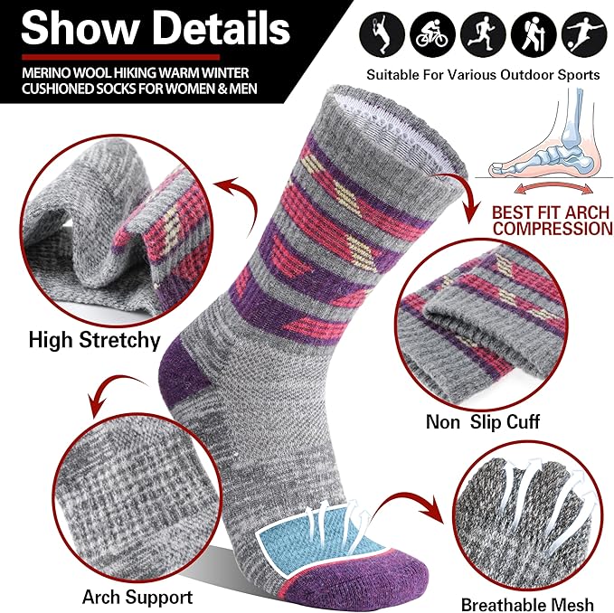 5 Pairs Merino Wool Hiking Socks Thermal Winter Warm Moisture Wicking Cushion Outdoor Socks for Women & Men