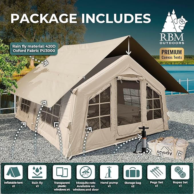 Coody | Rbm Outdoors Koala/Hub/Octopus Inflatable Tents for Camping with Stove Jack, 2/8/10 Person Luxury Canvas Blow Up Tent, 2 Room, Easy Setup Casa de Campaña, Large Inflatable House with Pump
