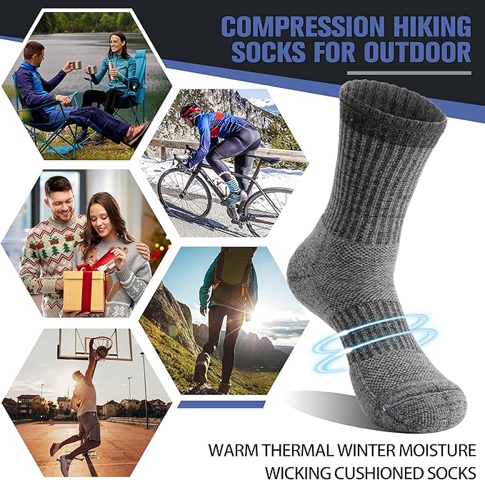 5 Pairs Merino Wool Hiking Socks Thermal Winter Warm Moisture Wicking Cushion Outdoor Socks for Women & Men