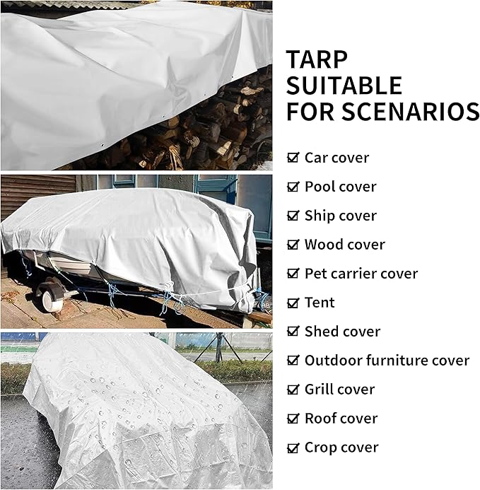 TARPAL 4'x8'（2-Pack White Tarp Waterproof 7.5 mil Medium Duty All Purpose Poly Tarps Cover Waterproof,Snow Proof UV Protection,Rip and Tear Proof,Poly Tarpaulin