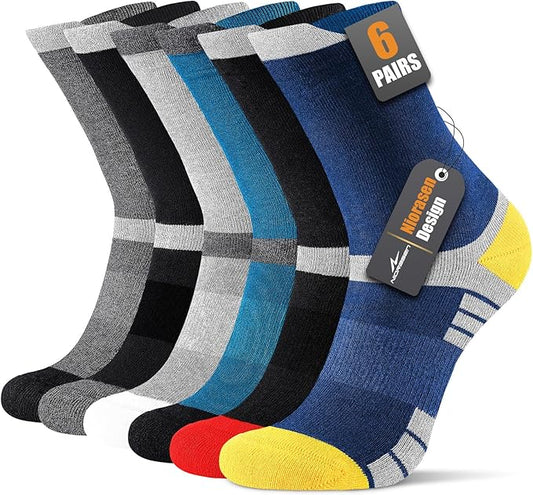 6 Pairs Men's Cotton Crew Work Boot Socks, Moisture Cushioned Athletic Sports Socks for Hiking Running Workout