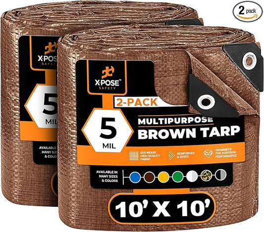 Multipurpose Protective Cover Brown Poly Tarp 10' x 10' (2-Pack) - Durable, Water Resistant, Weather Resistant - 5 Mil Thick Polyethylene - by Xpose Safety