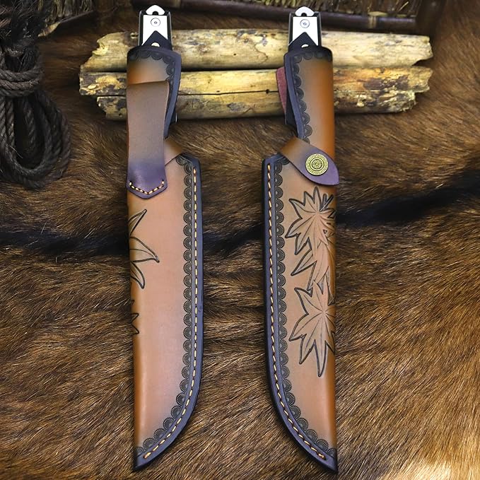 BA-KOR 14.3 inch All-Tang 9CR18MOV Hunting Survival knife + sheath,&（5.9in） Drilled Flint Fire Starter ， stainless steel +G10 handle camping knife, multi-purpose EDC tool knife ﻿