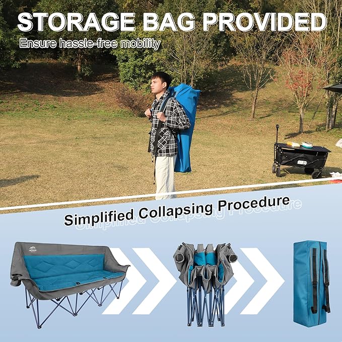 3 Person Camping Chairs,Supports 900Lbs,Oversized Loveseat Camp Chair w/Cup Holder,Wine Glasses Holder,Heavy Duty Extra Large Outdoor Folding Sofa Perfect for Family Picnic,Parties,Garden