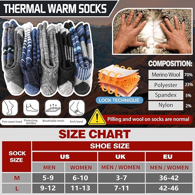5 Pairs Merino Wool Hiking Socks Thermal Winter Warm Moisture Wicking Cushion Outdoor Socks for Women & Men
