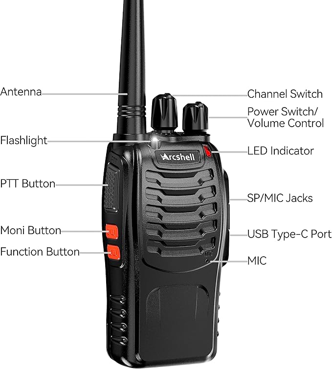 Rechargeable Long Range Two-Way Radios with Earpiece 6 Pack Arcshell AR-5 Walkie Talkies Li-ion Battery and Charger Included