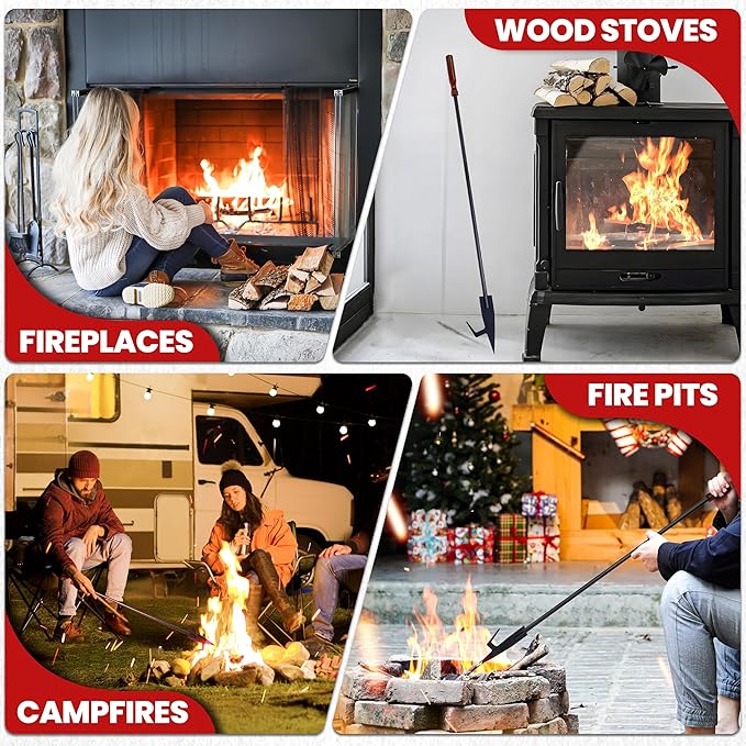 [UPGRADED] 40” Long Monolithic Design Fire Poker for Fire Pit with Blower Poke Function, Wooden Handle, Heat & Rust-resistance, Heavy Duty Fireplace Poker, Ideal for Camping, Fireplace, Woodstoves