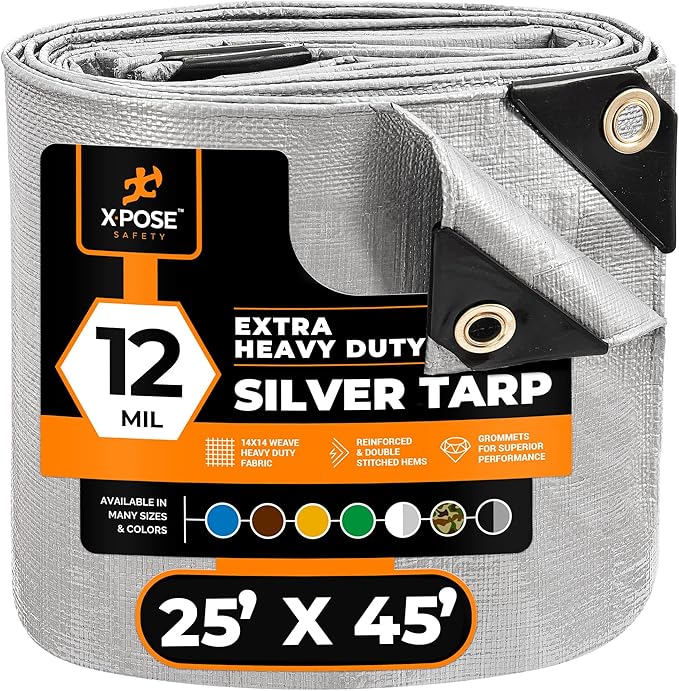 Heavy Duty Silver Poly Tarp 25' X 45' - Multipurpose Protective Cover - Durable, Waterproof, Weather Proof, Rip and Tear Resistant - Extra Thick 12 Mil Polyethylene - by Xpose Safety
