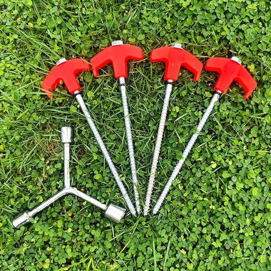 8" Screw in Tent Stakes - Ground Anchors Screw in, Camping Tent Accessories, Metal Threaded Tent Spikes, Tent Stakes for Outdoor Camping,Y-Shaped 3 Way Wrench (4)