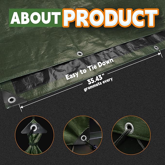 RAINDEWAY Tarps 5x7 Feet,Small Tarp Waterproof,9Mil Thick Finished Size,Multipurpose Poly Tarp Cover with Metal Grommets and Reinforced Edges,Green/Black Tarpaulin