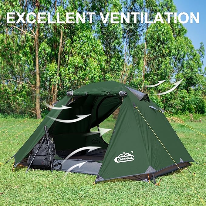 2-3 Person Backpacking Tent with Double Door 2 Vestibule, Waterproof Windproof Lightweight Easy Set Up 3 Season 2 Man Two Person Tent for Camping, Hiking, Motorcycle, Mountaineering with UPF 50+
