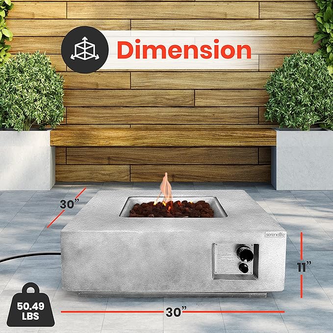 SereneLife Outdoor Propane Fire Pit Table - CSA/ETL Certified Safe 40,000 Pulse Ignition Weatherproof Square Propane Gas Fire Table - Adjustable Flame, Thermocouple - PVC Cover, Lava Rock - SereneLife