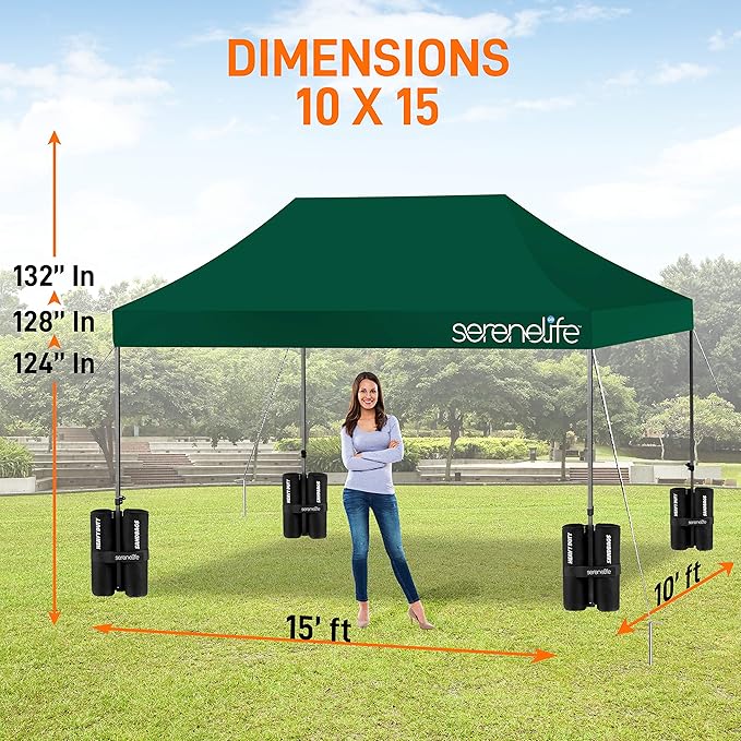 SereneLife SLGZ15FG Pop Commercial Instant Shelter-Waterproof Polyester Tent with Portable Wheeled Carry Sand Bag, 10 x 15 ft. (Forest Green), 10x15