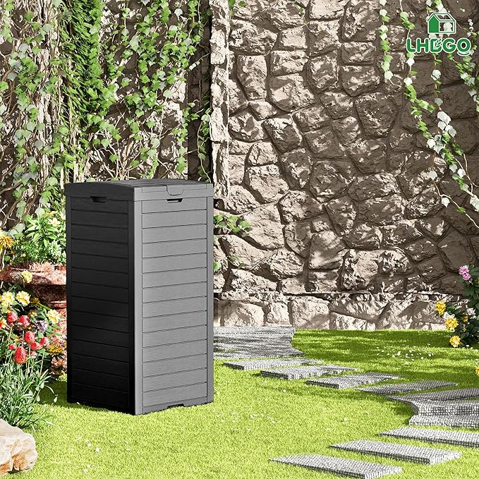 Outdoor Trash Can, 31 Gallon Garbage Can with Tiered Lid and Drip Tray, Waterproof Resin Patio Waste Bin for Garden, Backyard, Deck