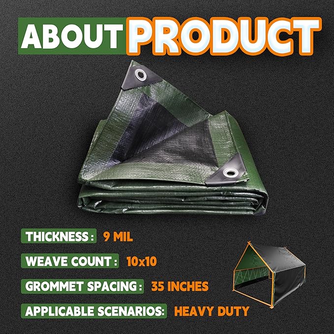 RAINDEWAY Tarps 15x30 Feet,Tarp Waterproof,9Mil Thick,Finished Size,Multipurpose Poly Tarp Cover with Metal Grommets and Reinforced Edges,Green/Black Tarpaulin