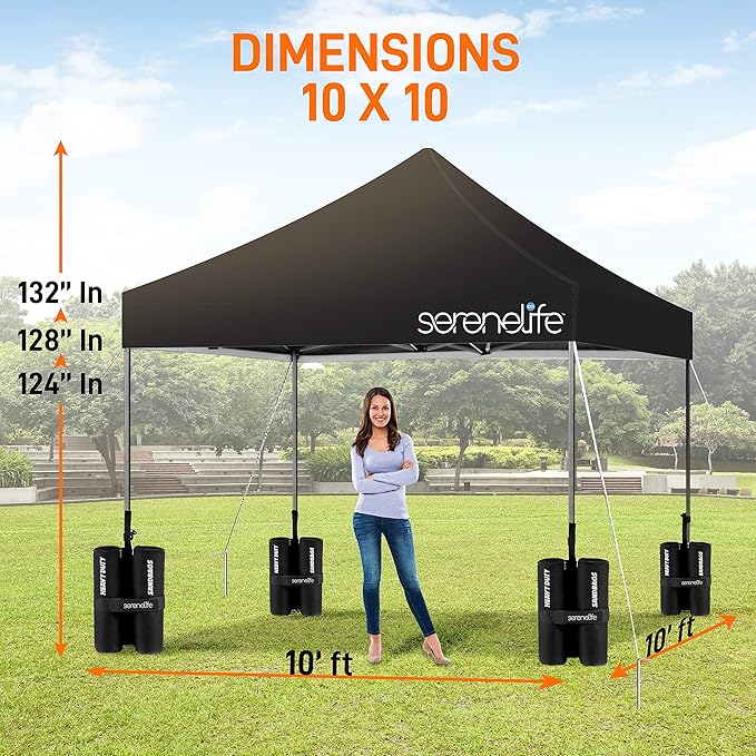 Pop Up Canopy Tent 10x10 - Commercial Instant Shelter Foldable/Collapsible Sun Shade Canopy Pop Up Tent w/Waterproof UV Resistant Tent Top, Portable Carry Bag & Sand Bag - SereneLife SLGZ10BA (Black)