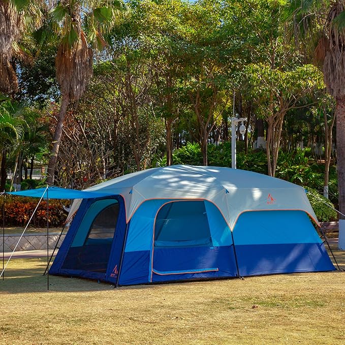 KTT Extra Large Tent 6-10-12-14 Person(A),Family Cabin Tents,2 Rooms,3 Doors and 3 Windows with Mesh,Straight Wall,Waterproof,Double Layer,Big Tent for Outdoor,Picnic,Camping,Family Gathering