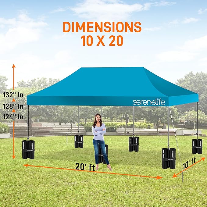 SereneLife Pop Up Canopy Tent 10x20-Commercial Instant Shelter Foldable/Collapsible Sun Shade Canopy Pop Up Tent w/Waterproof UV Resistant Tent Top,Portable Carry Bag&Sand Bag- SLGZ20SB(Sky Blue)