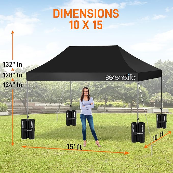 Pop Up Canopy Tent 10x15 - Commercial Instant Shelter Foldable/Collapsible Sun Shade Canopy Pop Up Tent w/Waterproof UV Resistant Tent Top, Portable Carry Bag & Sand Bag - SereneLife SLGZ15BL (Black)