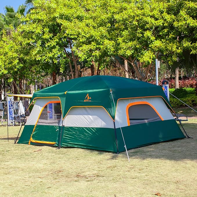KTT Extra Large Tent 6-10-12-14 Person(A),Family Cabin Tents,2 Rooms,3 Doors and 3 Windows with Mesh,Straight Wall,Waterproof,Double Layer,Big Tent for Outdoor,Picnic,Camping,Family Gathering