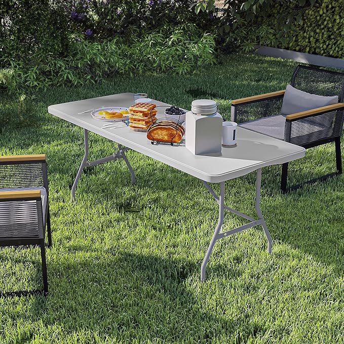 YITAHOME 6ft Folding Table, Heavy Duty Picnic Table w/1.5" Thick Tabletop, Portable Outdoor Folding Table w/Carrying Handle for Camping Picnic Parties/Indoor Events, White