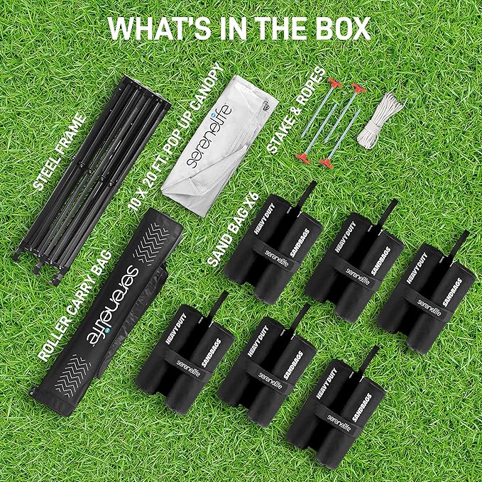 SereneLife Pop Up Canopy Tent 10x20 - Commercial Instant Shelter Foldable/Collapsible Sun Shade Pop Up Tent w/Waterproof Tent Top, Portable Carry Bag & Sand Bag - SereneLife SLGZ20W (White)