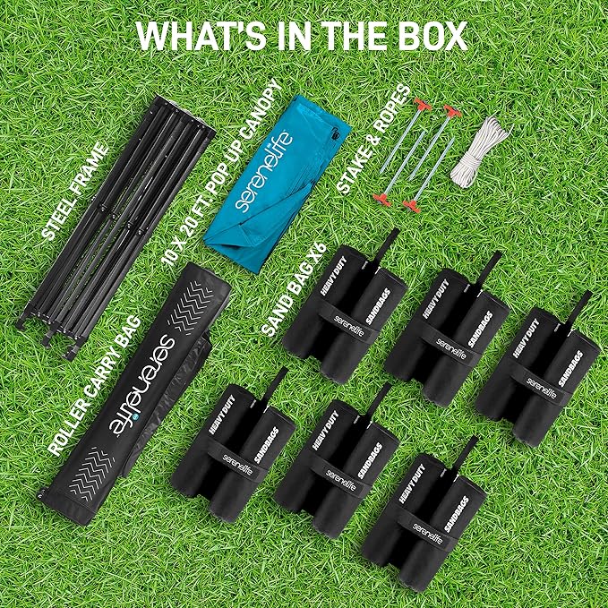 SereneLife Pop Up Canopy Tent 10x20-Commercial Instant Shelter Foldable/Collapsible Sun Shade Canopy Pop Up Tent w/Waterproof UV Resistant Tent Top,Portable Carry Bag&Sand Bag- SLGZ20SB(Sky Blue)