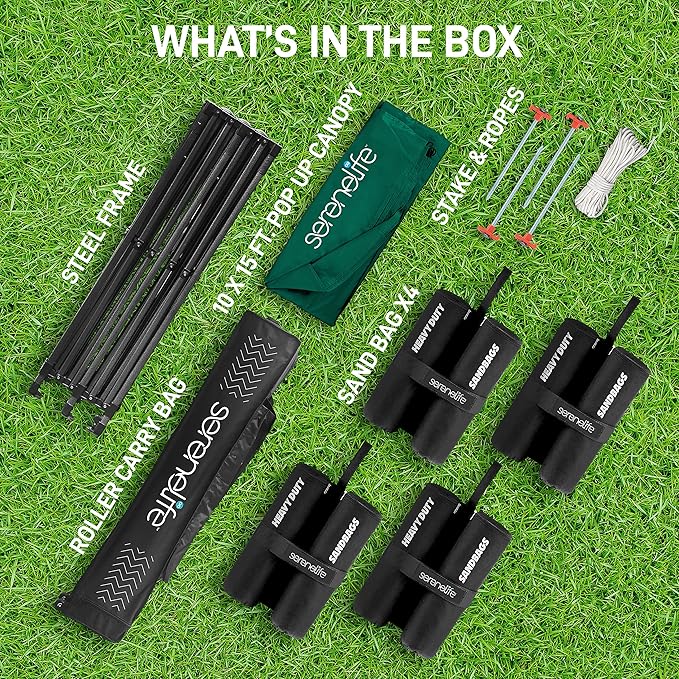 SereneLife SLGZ15FG Pop Commercial Instant Shelter-Waterproof Polyester Tent with Portable Wheeled Carry Sand Bag, 10 x 15 ft. (Forest Green), 10x15