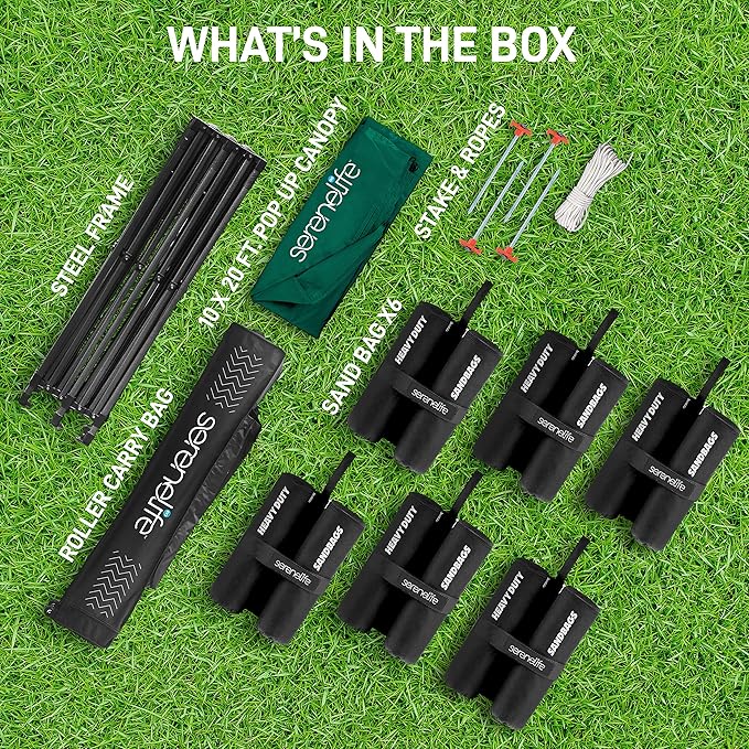 SereneLife Pop Up Canopy Tent 10x20-Commercial Instant Shelter Foldable/Collapsible Sun Shade Canopy Pop Up Tent w/Waterproof Tent Top, Portable Carry Bag & Sand Bag - SLGZ20FG (Forest Green)